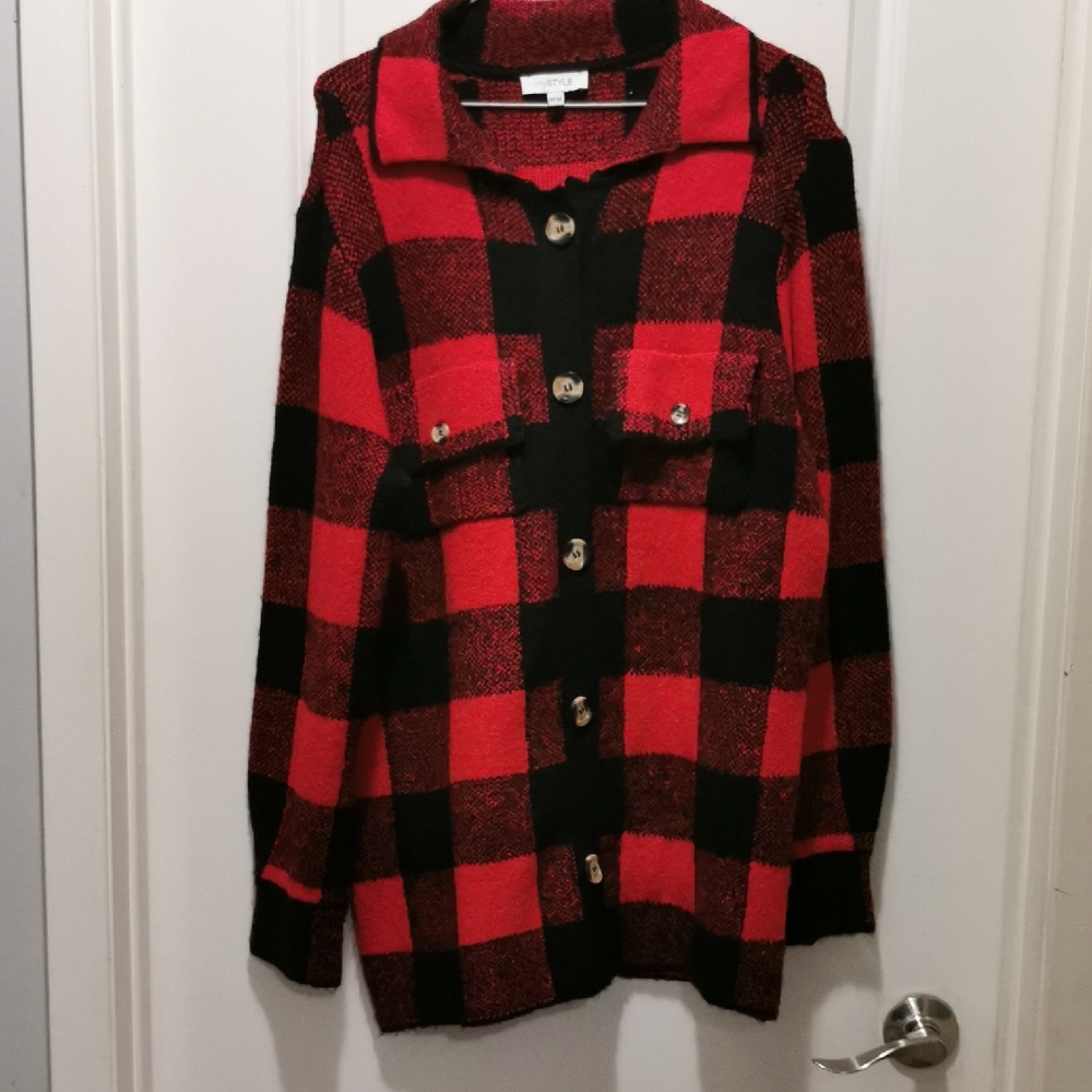 Plaid Red and Black Sweater Jacket